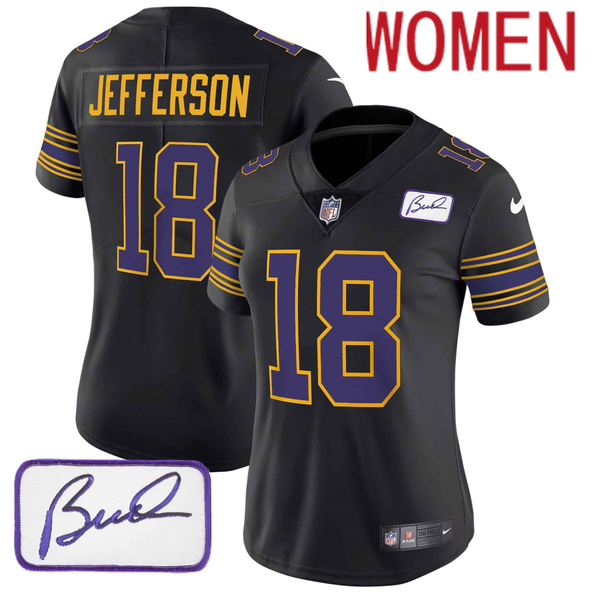 Women Minnesota Vikings #18 Jefferson Black 2024 Nike Bud Grant Patch Classic Limited NFL Jersey